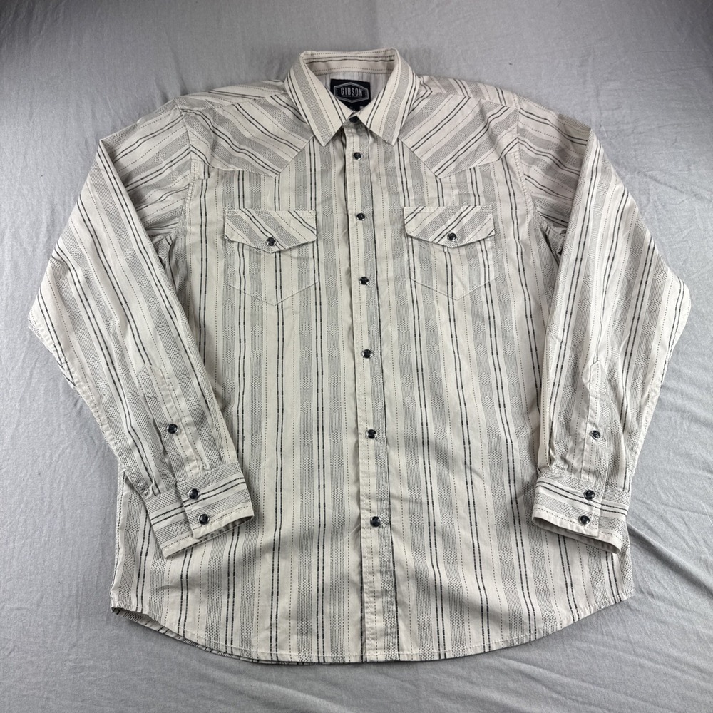Gibson Trading Western Pearl Snap Shirt Mens M Beige Striped Cowboy Rodeo